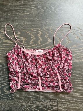 Garage Pink Floral Ruched Spaghetti-Strap Crop Top